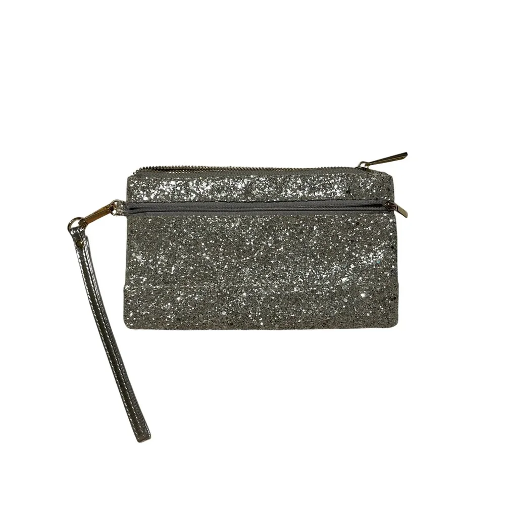 Lam Gallery Silver Glitter‎ Wristlet Clutch Evening Bag with Exterior Zip Pocket